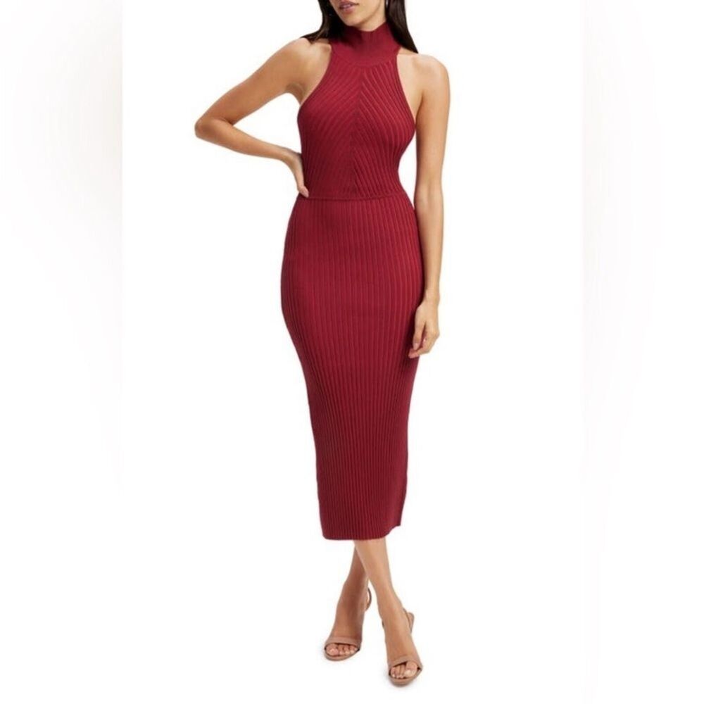NWT Good American Dress Size 3/4 L/XL Angled Rib Mock Halter Midi Team‎ Cardinal